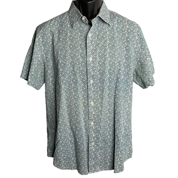 Perry Ellis Button Up Short Sleeve Shirt L White Green Circles Collar Cotton - Picture 1 of 6